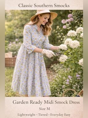 NWT Classic Southern Smocks Tiered Dress Blue Green Print Size M